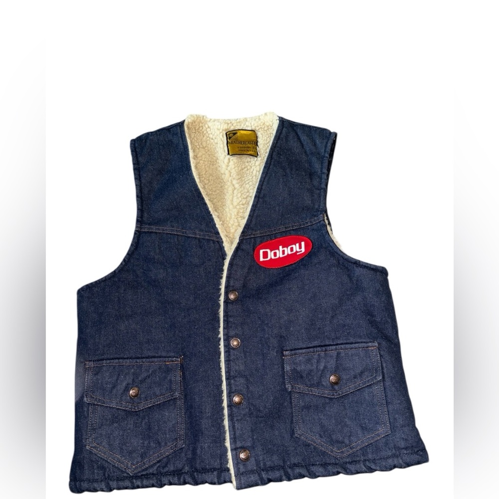 Vintage WEATHERCASTER Doby faux Sherpa Lined Blue Cotton Denim Vest Size Medium